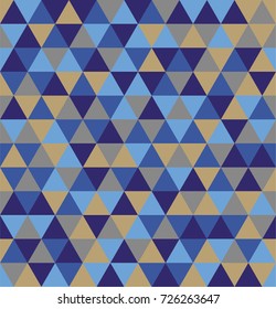 Retro geometric triangle seamless repeating background pattern in vector format. Mosaic of blue shades, gold and gray colors.
