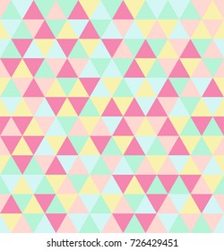 Retro geometric triangle seamless repeating background pattern in vector format. Mosaic of purples, pink, greens, yellow and orange - pastel colors.
