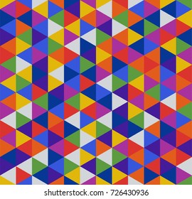 Retro geometric triangle seamless repeating background pattern in vector format. Mosaic of rainbow colors in blue, purple, yellow, purple, red.
