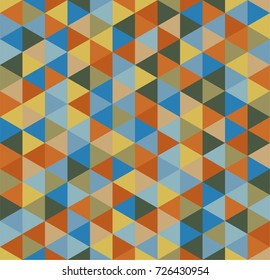 Retro geometric triangle seamless repeating background pattern in vector format. Mosaic of multicolor greens, oranges, and blues
