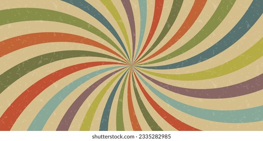 Retro geometric twirl wallpaper. Multicolored abstract pattern background for design and decor. Vector illustration. Yellow, orange, red, green, blue pastel colors.