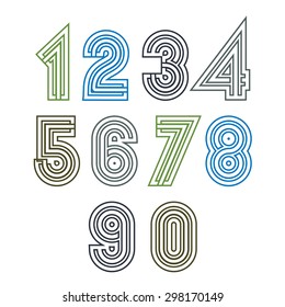 Retro geometric unusual striped numeration. Vector poster bright stylish numbers isolated on white background.