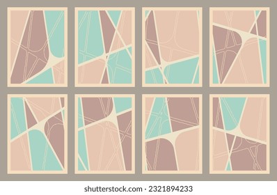 Retro geometric vector abstract lines art. Pastel colors, trendy bauhaus pattern backgrounds set.