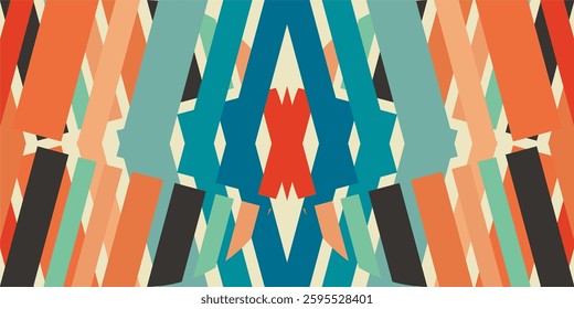 a retro geometric vector background featuring bold, angular shapes in a symmetrical pattern. 