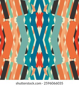 A retro geometric vector background featuring bold, angular, and symmetrical patterns in shades of orange, teal, cream, black, and red.