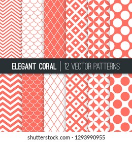Retro Geometric Vector Patterns in Living Coral - 2019 Color of the Year. Mod Backgrounds in Purple Chevron, Quatrefoil, Jumbo Polka Dot, Diamond Lattice and Scallops. Pattern Tile Swatches included.