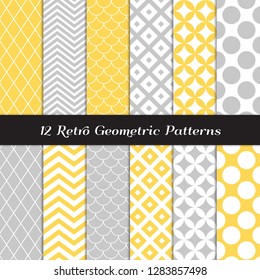 Retro Geometric Vector Patterns in Pastel Yellow, Gray and White. Subtle Backgrounds in Chevron, Quatrefoil, Jumbo Polka Dot, Diamond Lattice and Scallops. Pattern Tile Swatches included.