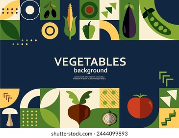 Retro Geometric vegetables Cover. Abstract Shape Composition. Organic Food, Vegan, Farm Fresh, Natural Product, Bio and Locally Grown.