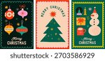 Retro geometric vertical Merry Christmas banner, winter poster and greeting card design. Vintage vector illustration.