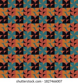 Retro geometric vintage seamless vector pattern illustration. Brown, blue, black shapes with optical illusion. Eps10 illustration.