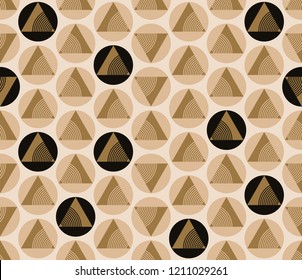 retro geometrical circles and triangles seamless pattern in gold ivory shades
