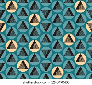retro geometrical circles and triangles seamless pattern in blue ivory shades