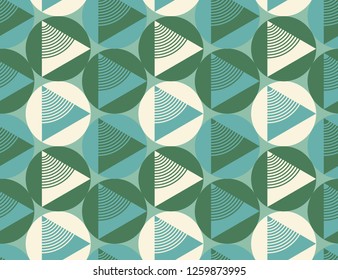 retro geometrical circles and triangles seamless pattern in green blue shades