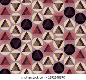 retro geometrical circles and triangles seamless pattern in brown purple shades
