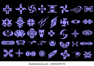 Retro geometry shapes collection, Y2k streetwear element set, Futuristic symbols icon pack. Geometric object vector set.
