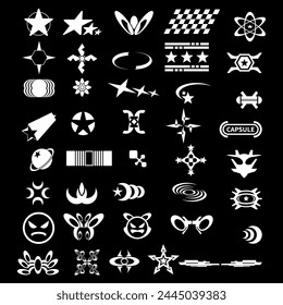 Retro geometry shapes collection, Y2k streetwear element set, Futuristic symbols icon pack. Geometric object vector set.