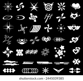 Retro geometry shapes collection, Y2k streetwear element set, Futuristic symbols icon pack. Geometric object vector set.