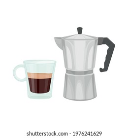 Retro geyser coffee maker and cup. Vector illustration cartoon flat icon isolated on white.