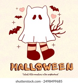 retro Ghost , Halloween,  Cute Pink Ghost, cute ghost Halloween with flower, spooky cartoon, A set of hand-drawn Halloween icons and illustrations, groovy clipart, retro ghost