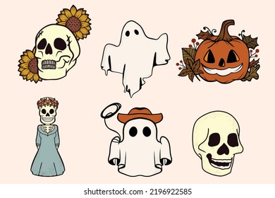 Retro Ghost Halloween design t-shirt design. Cute cartoon. vintage vector illustration