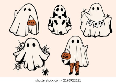 Retro Ghost Halloween design t-shirt design. Cute cartoon. vintage vector illustration