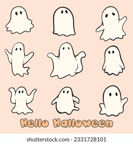 Retro Ghost Halloween t-shirt design. Cute cartoon. vintage vector illustration