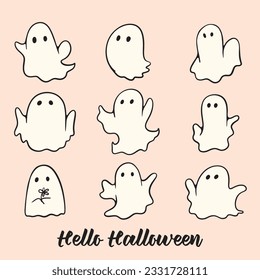 Retro Ghost Halloween t-shirt design. Cute cartoon. vintage vector illustration