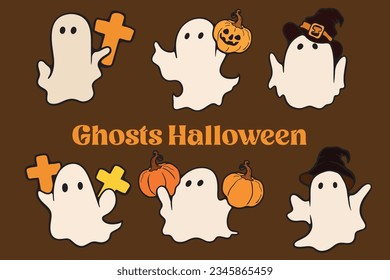 Retro Ghost Halloween t-shirt design. Cute cartoon. vintage vector illustration