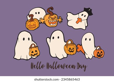 Retro Ghost Halloween t-shirt design. Cute cartoon. vintage vector illustration