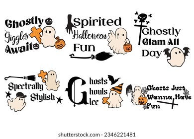 Retro Ghost Halloween t-shirt design. Cute cartoon. vintage vector illustration