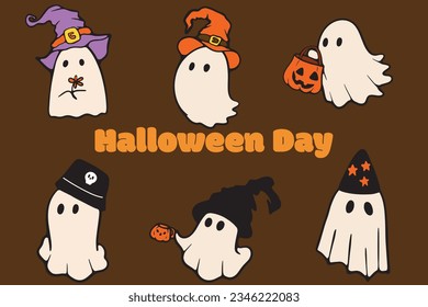 Retro Ghost Halloween t-shirt design. Cute cartoon. vintage vector illustration