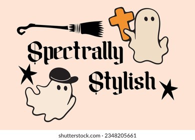Retro Ghost Halloween t-shirt design. Cute cartoon. vintage vector illustration