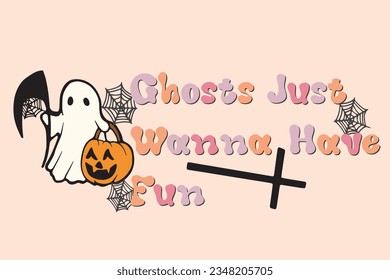 Retro Ghost Halloween t-shirt design. Cute cartoon. vintage vector illustration