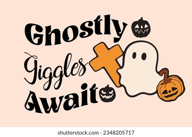 Retro Ghost Halloween t-shirt design. Cute cartoon. vintage vector illustration