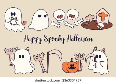 Retro Ghost Halloween t-shirt design. Cute cartoon. vintage vector illustration