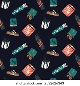 Retro gift boxes with bows. Holiday trendy gift seamless pattern on a dark background.