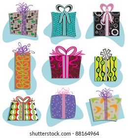 Retro Gift Boxes Icons in many fun patterns