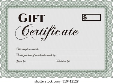 Certificado de regalo retro. Con un patrón de guilloche de gran calidad. Diseño cordial. Detallado.
