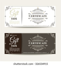 Retro gift certificate and a place for text, logo, contact information. The combination of graphic elements with typography.  Luxury elegant  vector illustration for Cafe, Hotel, Heraldic, Jewelry