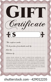 Retro Gift Certificate template. Beauty design. With linear background. Border, frame. 