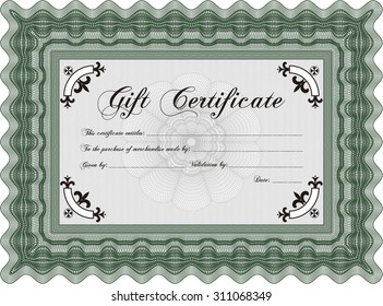 Retro Gift Certificate template. Border, frame.Beauty design. With guilloche pattern and background. 