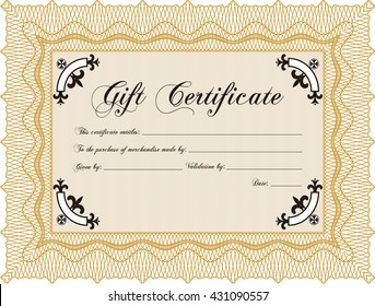 Retro Gift Certificate template. Border, frame. Artistry design. With linear background. 