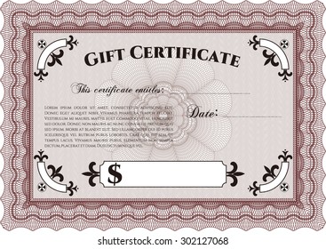 Retro Gift Certificate template. Complex design. With great quality guilloche pattern. Vector illustration.
