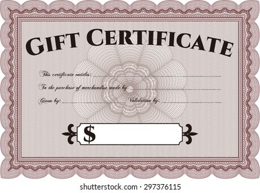 Plantilla de certificado de regalo retro. Diseño elegante. Con patrón de guilloche y fondo. Ilustración vectorial.