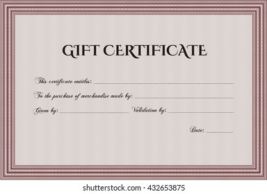 Plantilla de certificado de regalo retro. Con fondo lineal. Borde, marco. Diseño de belleza. 