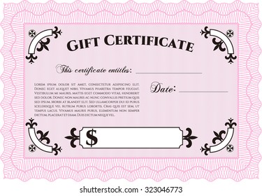 Retro Gift Certificate template. Sophisticated design. Border, frame.Complex background. 