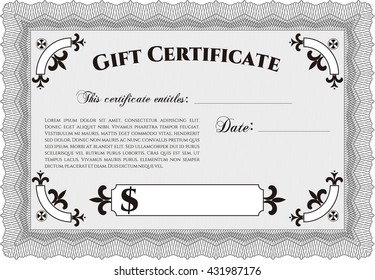 Plantilla de certificado de regalo retro. Ilustración vectorial. Con un fondo lineal complejo. Diseño artístico. 