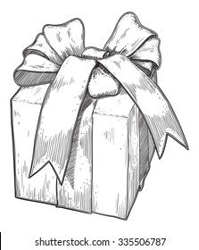 Retro gift . Vector  of giff box with bow at black and white engraving style. 
