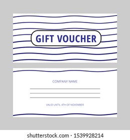Retro gift voucher with blue waves on the white background. Two sides. Vector sea style coupon template. Standard scaled size: 210*99 mm (8,3*3,4 in)