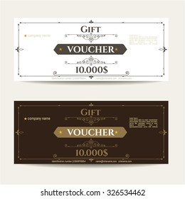 Retro gift voucher and a place for text, logo, contact information. The combination of graphic elements with typography.  Example designs for Cafe, Hotel, Heraldic, Jewelry